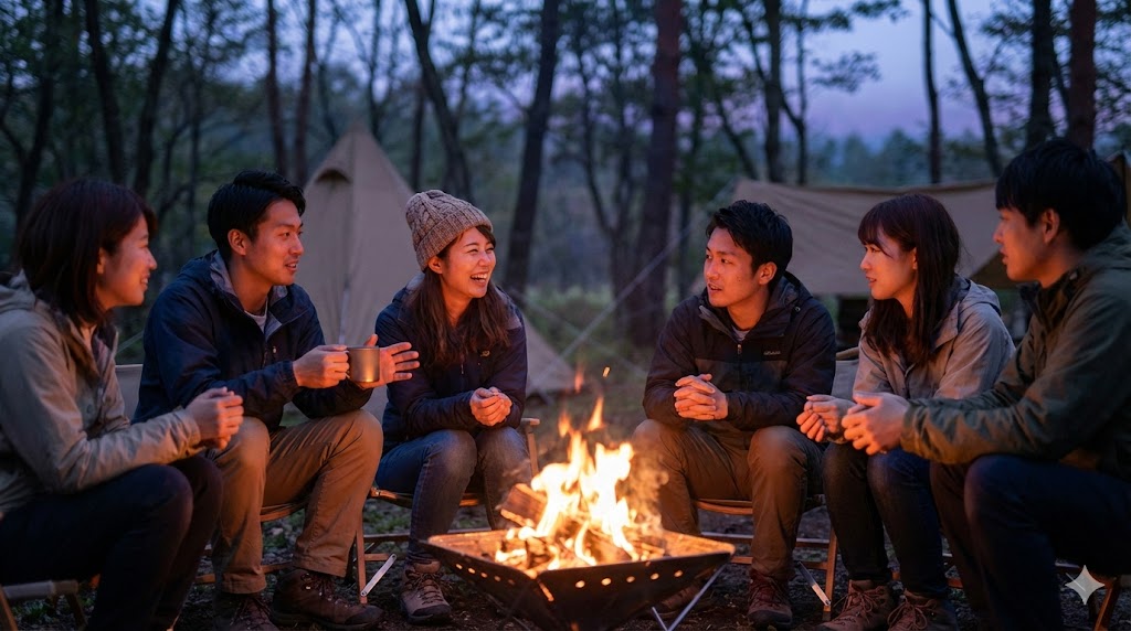 キャンプファイヤーを囲む若者たち